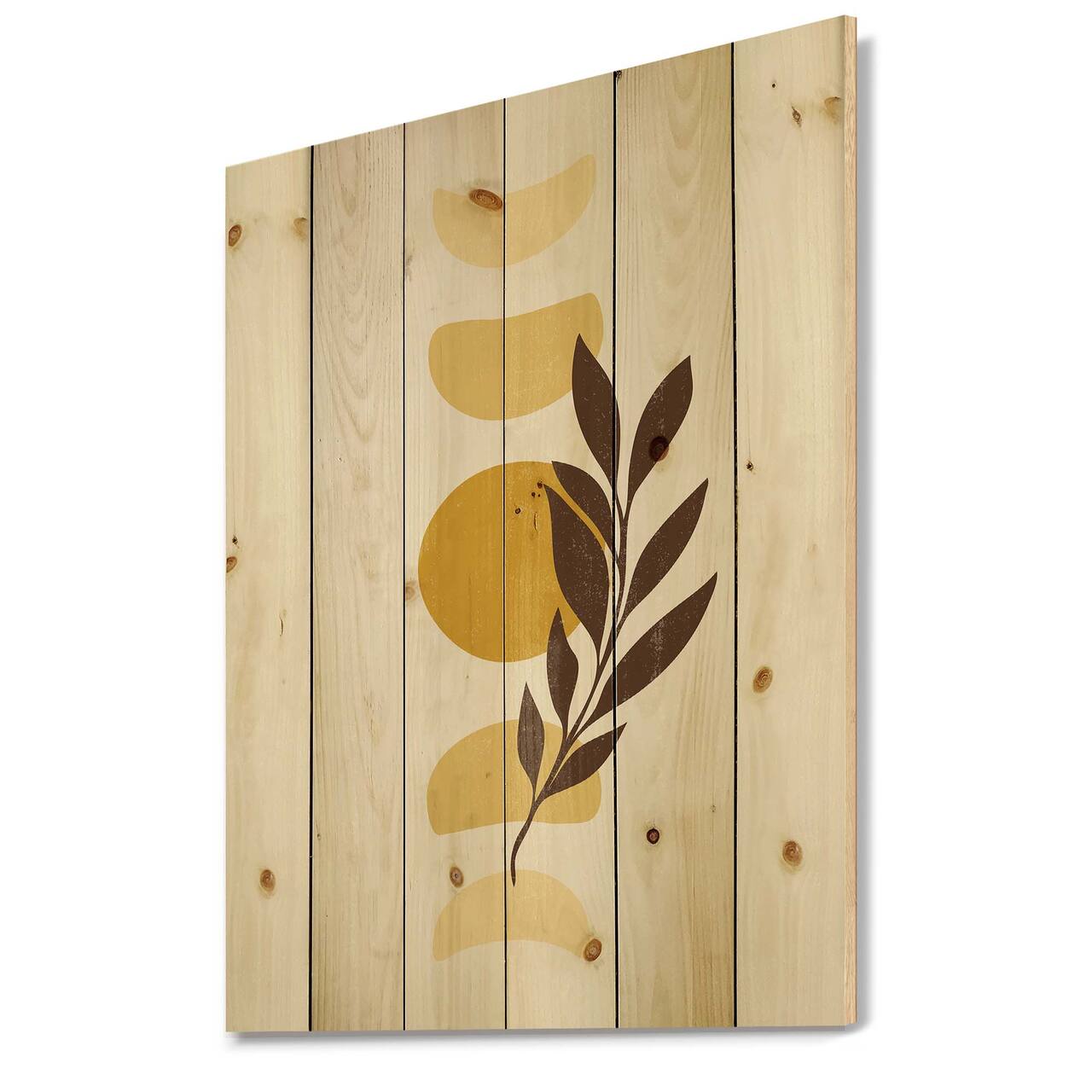 Designart - Abstract Geometrical Sun and Moon With Leaf VII - Modern Print on Natural Pine Wood